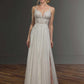 A stunning bride wearing a sleeveless, A-line wedding gown with a plunging V-neckline. The bodice features intricate lace detailing, creating a romantic and delicate look, while the flowing chiffon skirt includes a daring thigh-high slit, adding a touch of modern elegance. The gown is completed with subtle straps and a floor-length hem, perfectly blending classic and contemporary bridal style.