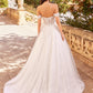 The back of this enchanting gown showcases an exquisite off-the-shoulder neckline with delicate lace appliqués that continue from the bodice to the flowing skirt. The corset-style bodice adds a touch of vintage charm, while the full train, adorned with intricate lace details, sweeps gracefully behind, creating a dramatic and timeless silhouette. Perfect for the bride who wants to make a lasting impression with every step.