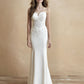 Sleek strapless wedding gown with intricate lace bodice and subtle train. Perfect for brides seeking timeless elegance and a modern silhouette.