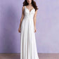 Flowing A-line wedding dress with delicate floral lace bodice, deep V-neckline, and soft chiffon skirt, offering a romantic and effortless bridal style.