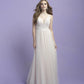 Chic A-line wedding dress with a plunging V-neck, lace bodice, and soft tulle skirt, creating an effortlessly romantic bridal style.