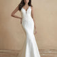 Sleek mermaid wedding dress with lace bodice, plunging V-neckline, and fitted silhouette. Perfect for modern brides seeking a sophisticated and figure-flattering bridal gown.