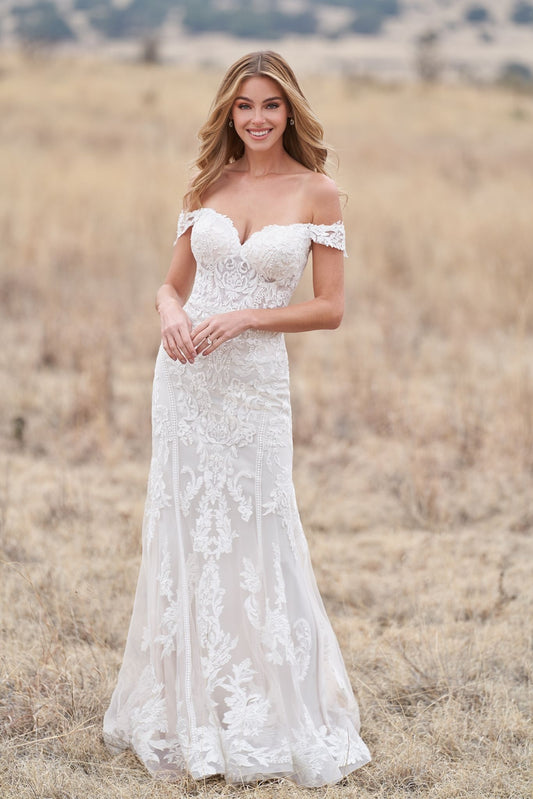 Elegant off-the-shoulder lace wedding gown featuring a fitted silhouette and intricate floral detailing, perfect for the bride seeking a romantic and timeless look.