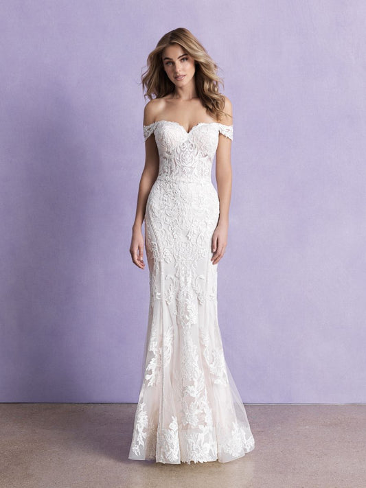 Elegant off-the-shoulder lace wedding gown featuring a fitted silhouette and intricate floral detailing, perfect for the bride seeking a romantic and timeless look.